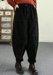 Casual Green Pockets Elastic Waist Corduroy Warm Fleece Pants Winter