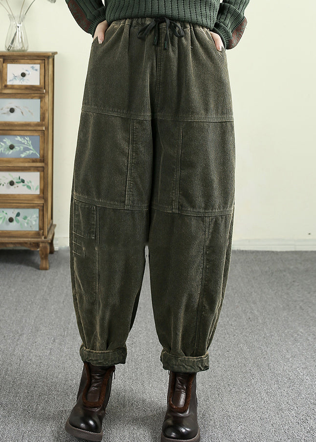 Casual Green Pockets Elastic Waist Corduroy Warm Fleece Pants Winter