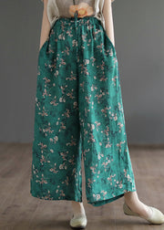 Casual Green Pockets Print Lace Up Elastic Waist Linen Wide Leg Pants Summer