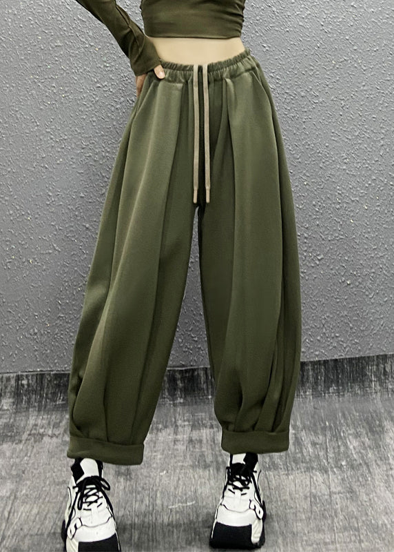 Casual Green Pockets Wrinkled Elastic Waist Cotton Sport Pants Fall