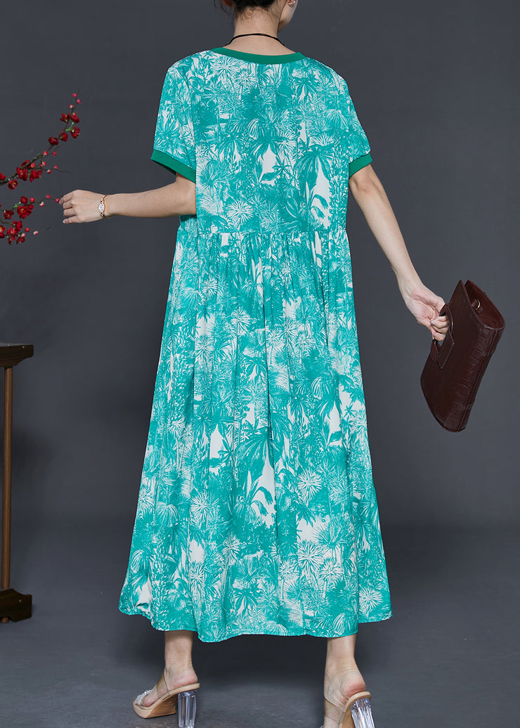 Casual Green Print Exra Large Hem Silk Ankle Dress Summer