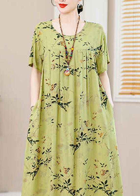 Casual Green Print Pockets Silk Cotton Long Dresses Summer