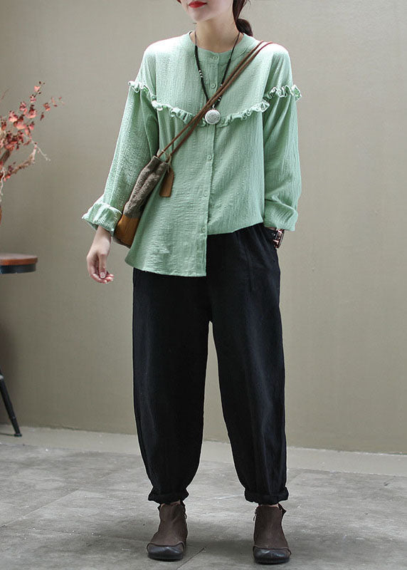 Casual Green Ruffled Button Patchwork Cotton Blouse Tops Long Sleeve