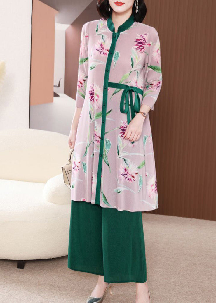 Casual Green Stand Collar Patchwork Tie Waist Two Pieces Set Spring