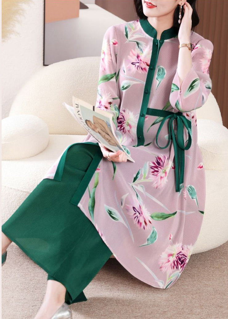 Casual Green Stand Collar Patchwork Tie Waist Two Pieces Set Spring