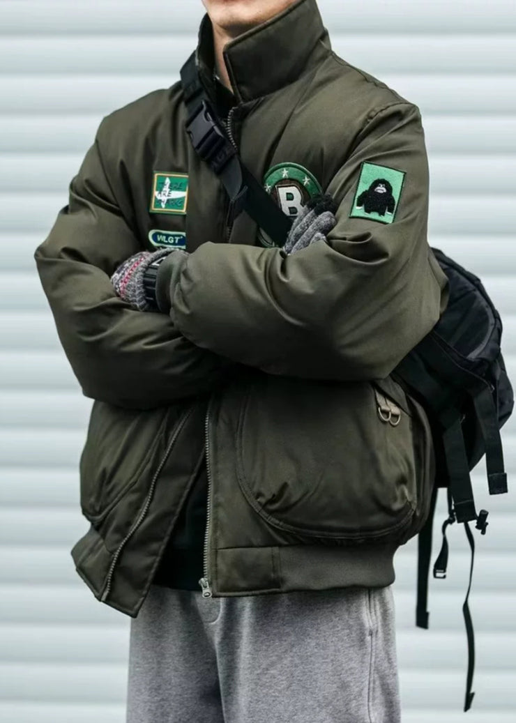 Casual Green Stand Collar Pockets Patch Men Parkas Spring