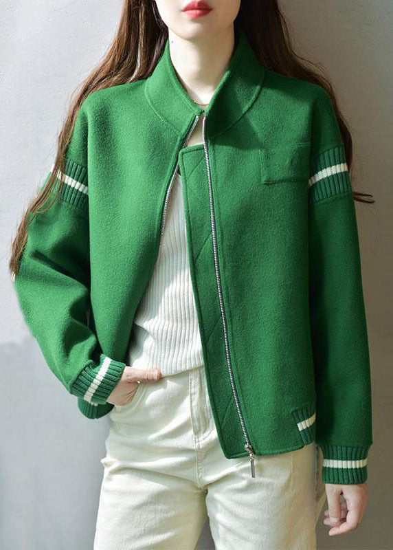 Casual Green Stand Collar Zip Up  Patchwork Woolen Coats Fall