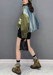 Casual Green Stand Collar Zip Up Patchwork Drawstring Cotton Denim Coats Fall