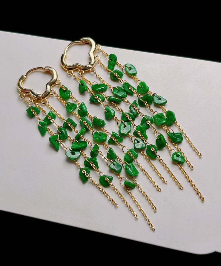 Casual Green Sterling Silver 14K Gold Jade Tassel Drop Earrings