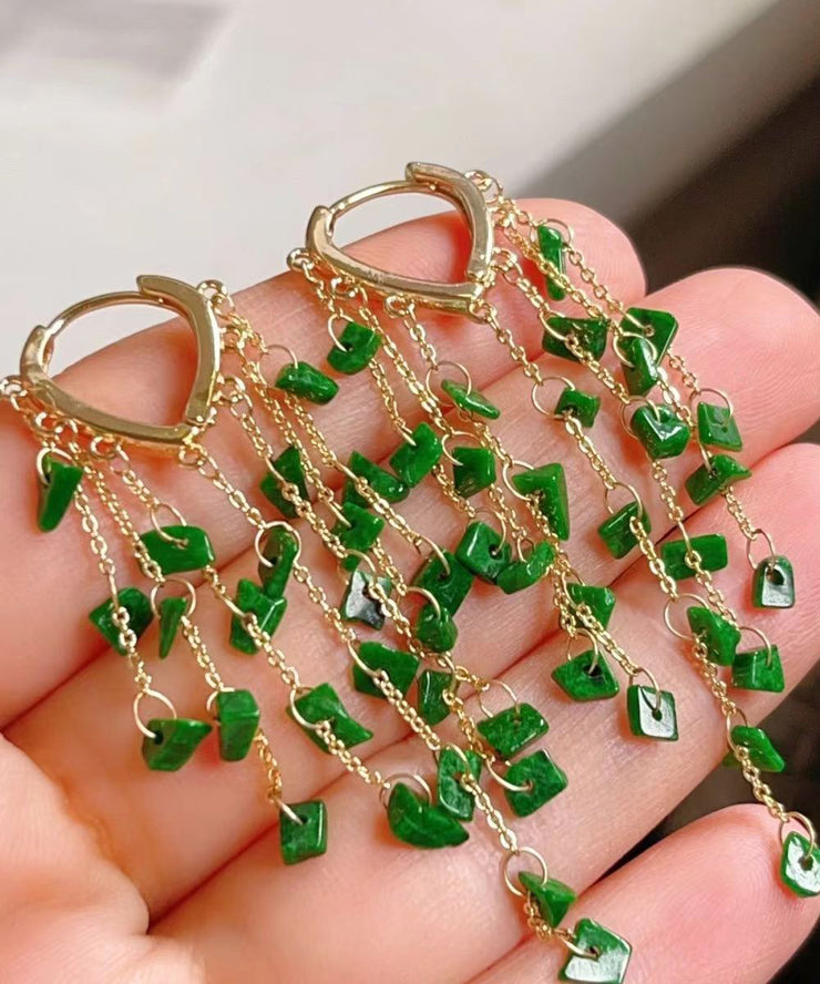 Casual Green Sterling Silver 14K Gold Jade Tassel Drop Earrings