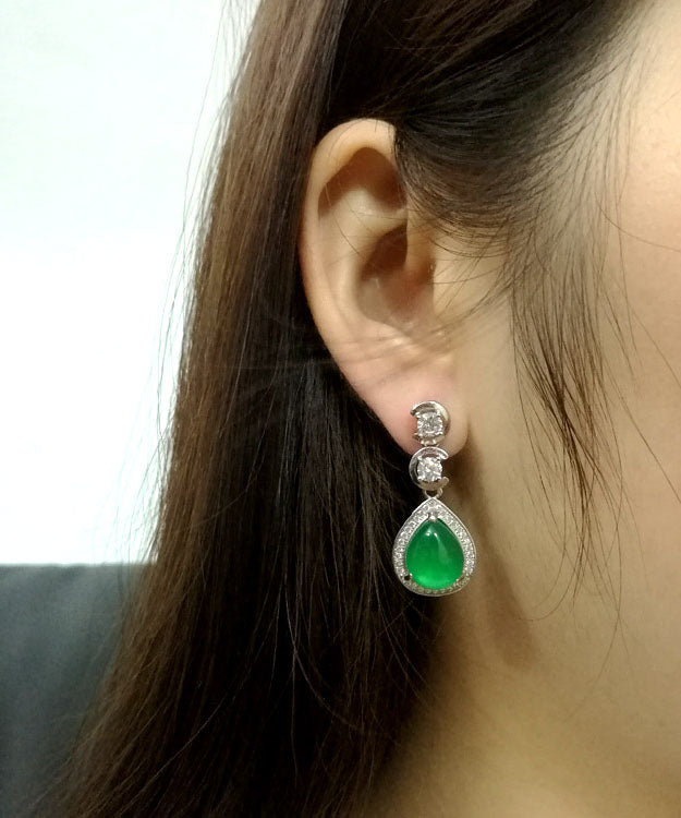 Casual Green Sterling Silver Inlaid Zircon Chalcedony Water Drop Drop Earrings