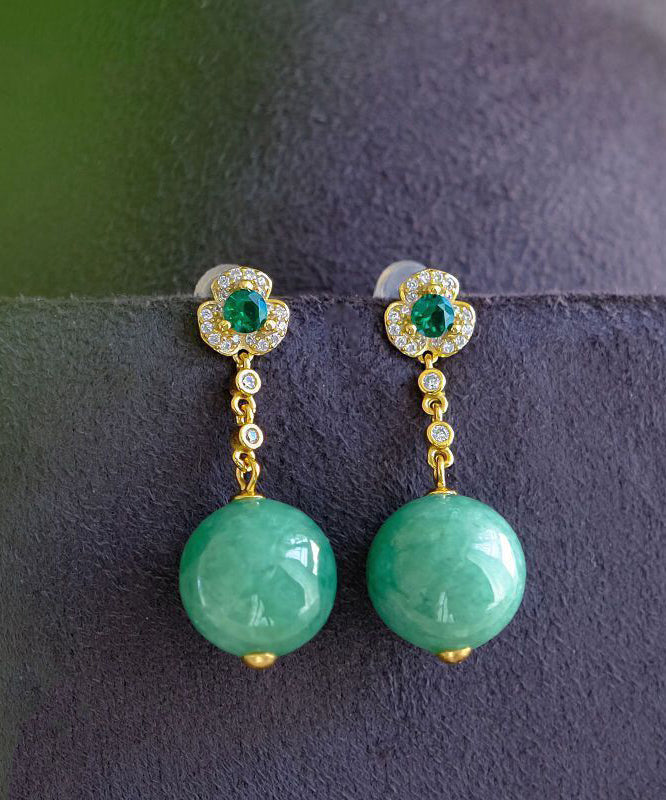 Casual Green Sterling Silver Overgild Jade Crystal Zircon Drop Earrings