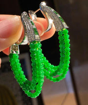 Casual Green Sterling Silver Xiaomi Beads Chalcedony Hoop Earrings