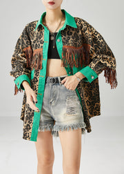 Casual Green Tasseled Patchwork Leopard Print Cotton Coats Fall