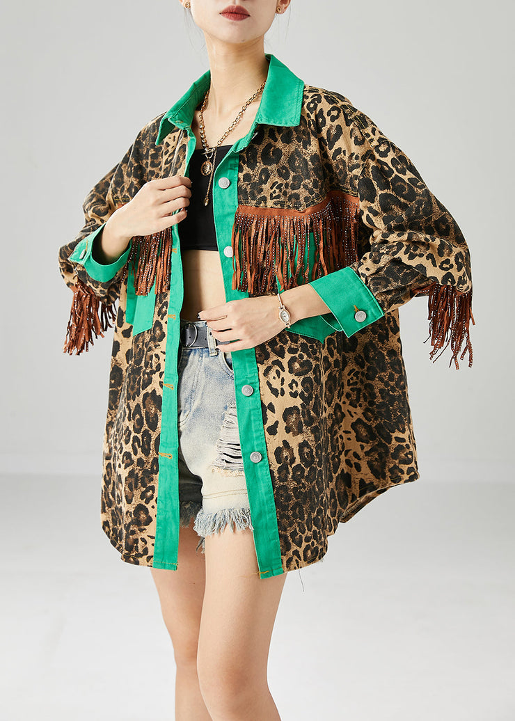 Casual Green Tasseled Patchwork Leopard Print Cotton Coats Fall