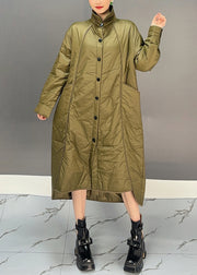 Casual Green Turtleneck Pockets Button Low High Design Thick Parka Winter