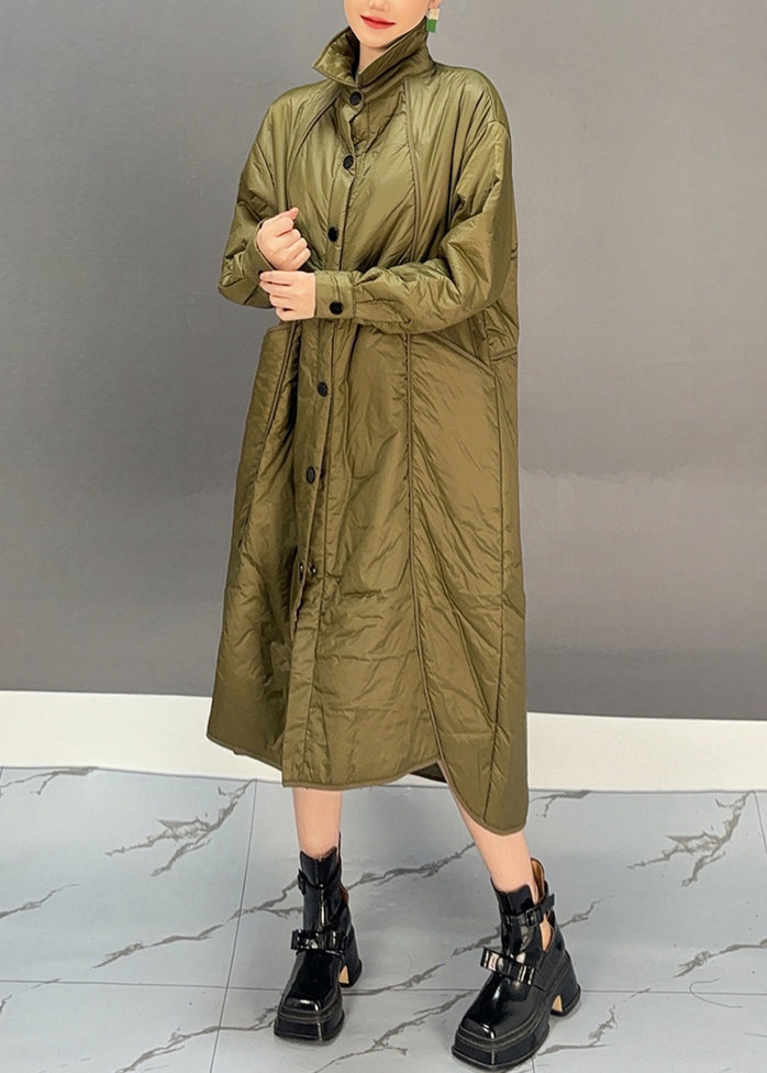 Casual Green Turtleneck Pockets Button Low High Design Thick Parka Winter