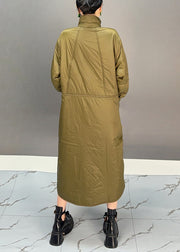 Casual Green Turtleneck Pockets Button Low High Design Thick Parka Winter