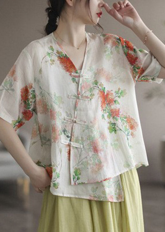 Casual Green V Neck Asymmetrical Print Button Linen Shirts Short Sleeve