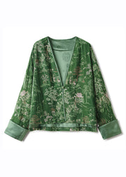 Casual Green V Neck Embroidered Button Silk Velour Coats Fall