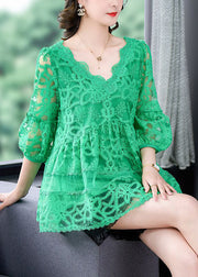 Casual Green V Neck Embroideried Tulle Shirt Bracelet Sleeve