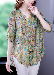 Casual Green V Neck Oversized Print Chiffon Shirt Tops Half Sleeve