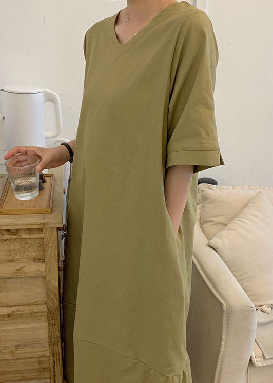 Casual Green V Neck Patchwork Wrinkled Cotton Dress Short Sleeve