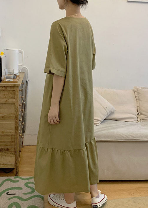 Casual Green V Neck Patchwork Wrinkled Cotton Dress Short Sleeve