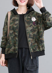 Casual Green Zip Up Patchwork Camouflage Cotton Hoodies Outwear Fall