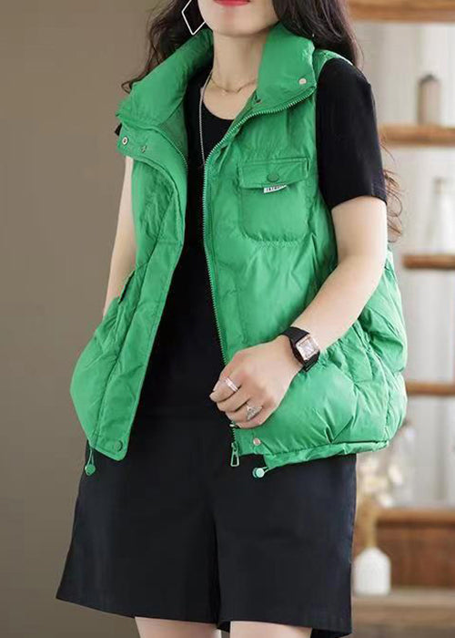 Casual Green Zip Up Pockets Patchwork Duck Down Waistcoat Sleeveless