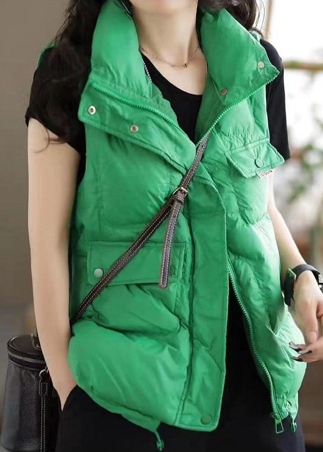 Casual Green Zip Up Pockets Patchwork Duck Down Waistcoat Sleeveless