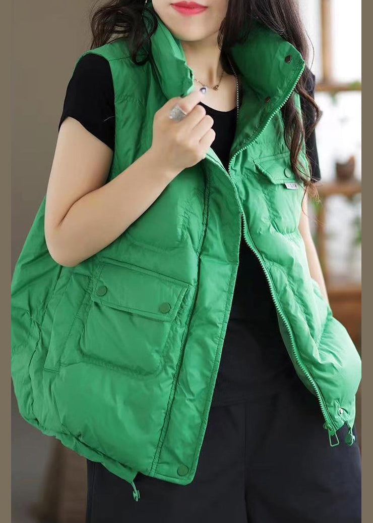 Casual Green Zip Up Pockets Patchwork Duck Down Waistcoat Sleeveless