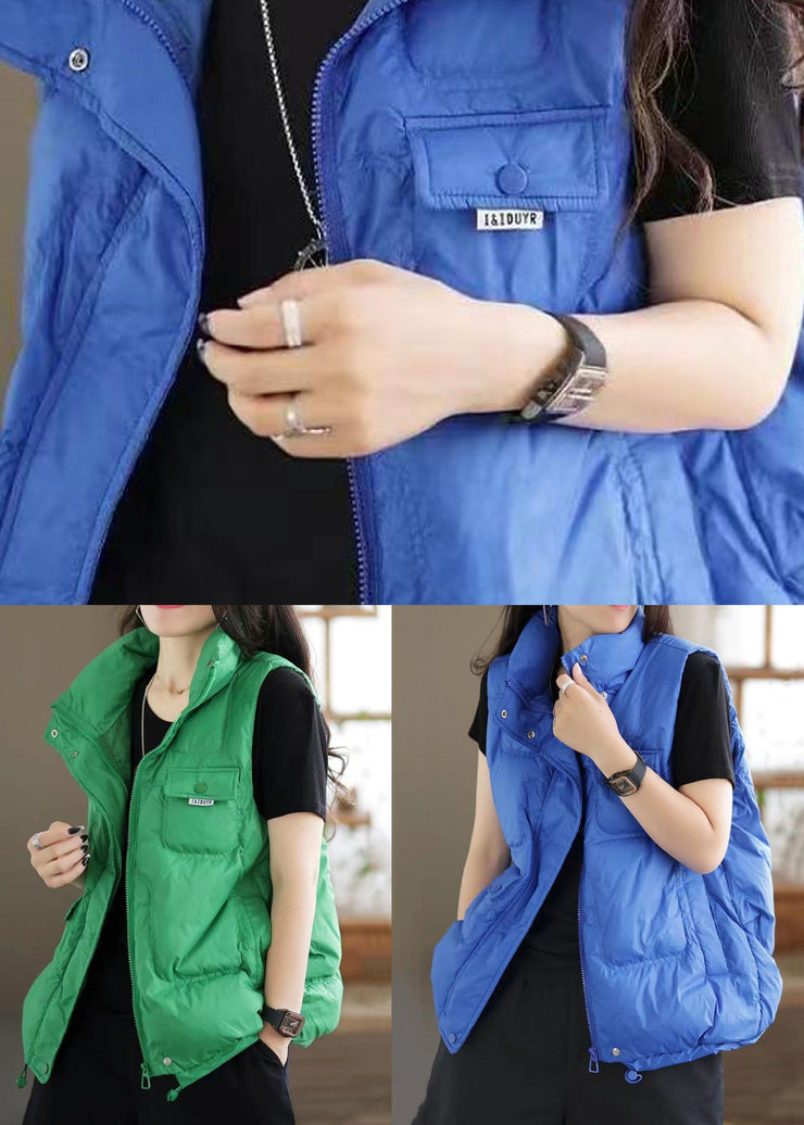 Casual Green Zip Up Pockets Patchwork Duck Down Waistcoat Sleeveless