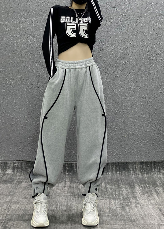 Casual Grey Asymmetrical Pockets Elastic Waist Cotton Sport Pants Fall