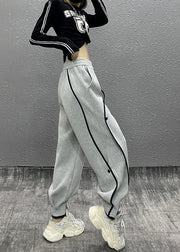 Casual Grey Asymmetrical Pockets Elastic Waist Cotton Sport Pants Fall