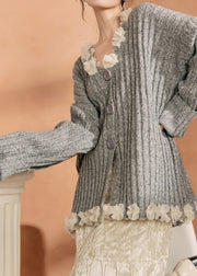 Casual Grey Button Tulle Patchwork Cotton Knit Cardigan Spring