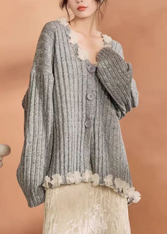 Casual Grey Button Tulle Patchwork Cotton Knit Cardigan Spring