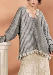 Casual Grey Button Tulle Patchwork Cotton Knit Cardigan Winter