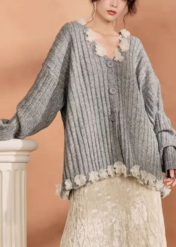 Casual Grey Button Tulle Patchwork Cotton Knit Cardigan Spring