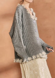 Casual Grey Button Tulle Patchwork Cotton Knit Cardigan Spring