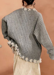 Casual Grey Button Tulle Patchwork Cotton Knit Cardigan Spring