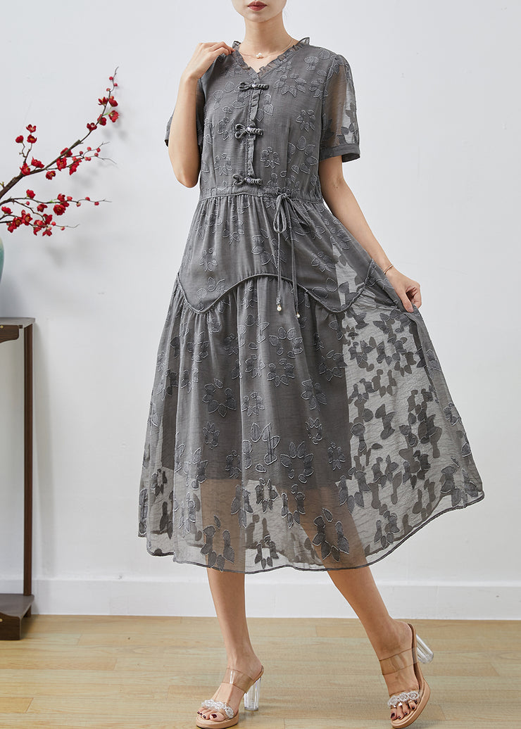 Casual Grey Cinched Jacquard Chiffon Dress Summer