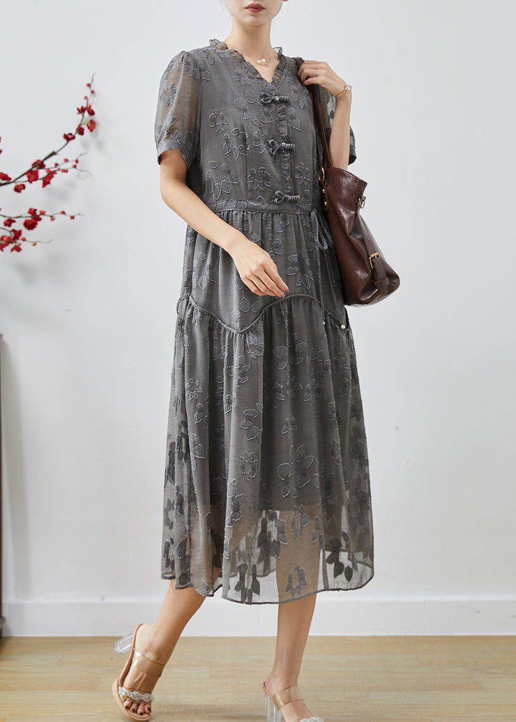 Casual Grey Cinched Jacquard Chiffon Dress Summer