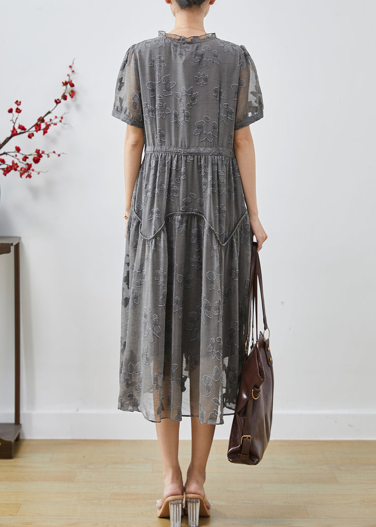 Casual Grey Cinched Jacquard Chiffon Dress Summer