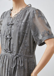 Casual Grey Cinched Jacquard Chiffon Dress Summer