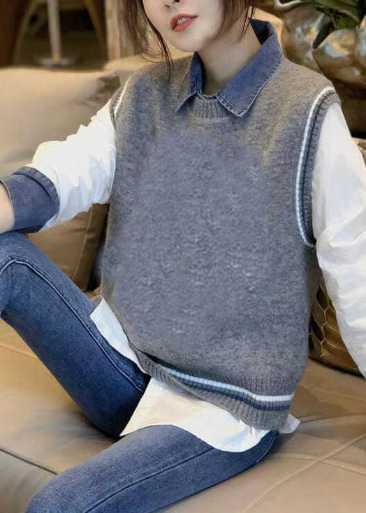 Casual Grey Denim Patchwork Shirt And Vest Autumn New Two-Piece Set