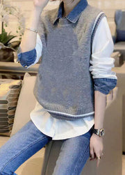 Casual Grey Denim Patchwork Shirt And Vest Autumn New Two-Piece Set