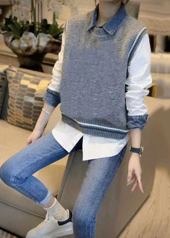 Casual Grey Denim Patchwork Shirt And Vest Autumn New Two-Piece Set