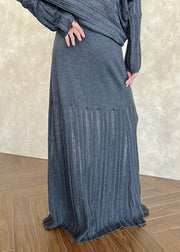 Casual Grey Elastic Waist Hollow Out Patchwork Maxi Skirts Fall