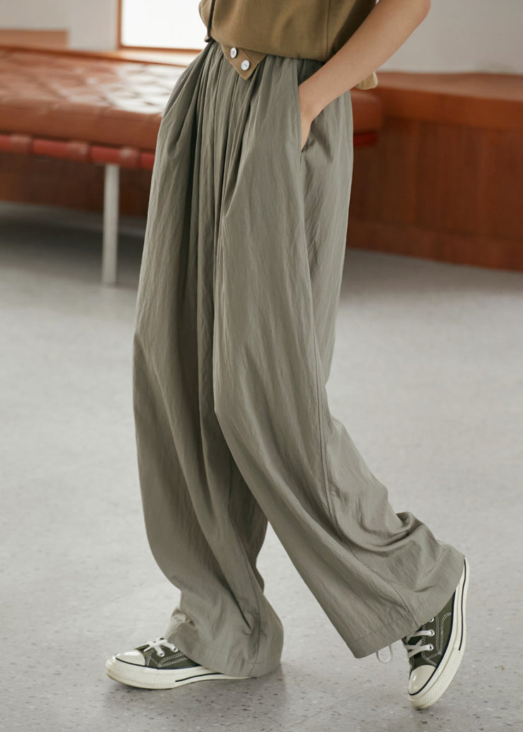 Casual Grey Elastic Waist Pockets Wide Leg Pants Summer